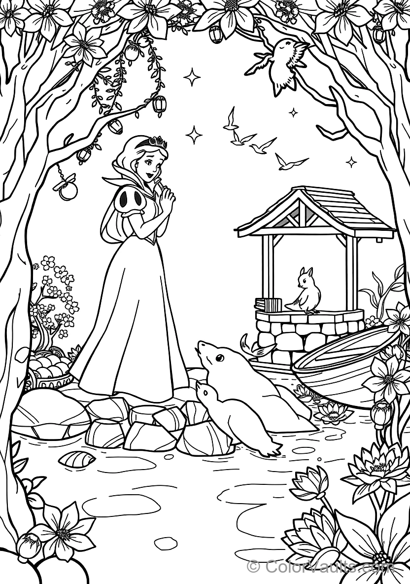 Snow White Singing at the Wishing Well (Scene 78) - Coloriage Gratuit à Imprimer | ColorVaults