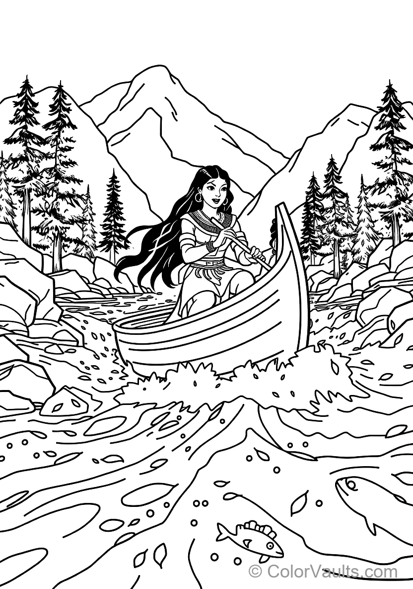 Pocahontas Paddling a Wooden Dugout Canoe Down Rushing (Scene 5)
