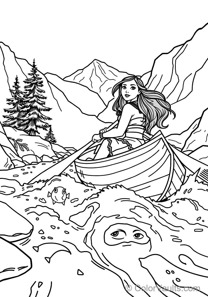 Pocahontas Paddling a Wooden Dugout Canoe Down Rushing (Scene 7)