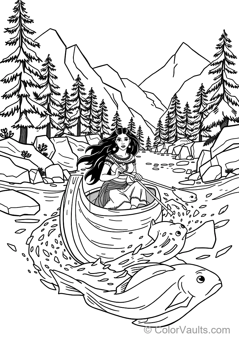 Pocahontas Paddling a Wooden Dugout Canoe Down Rushing (Scene 9)