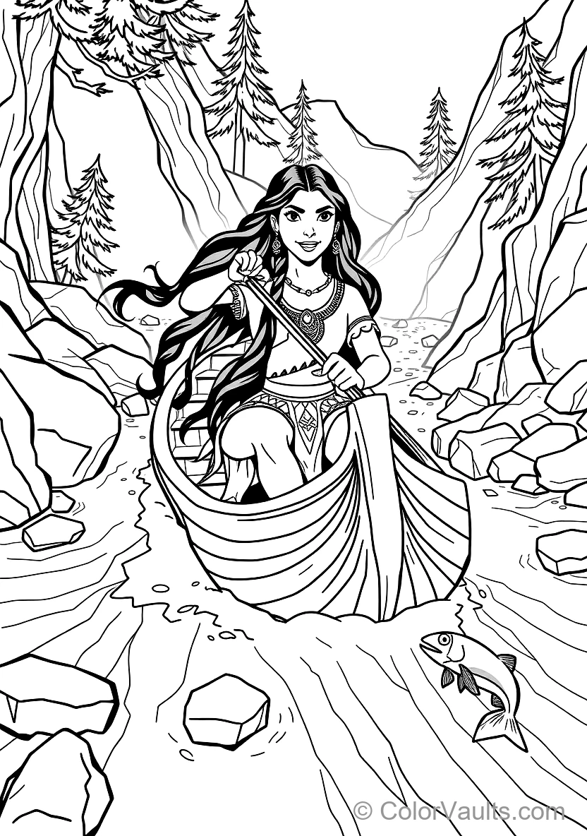 Pocahontas Paddling a Wooden Dugout Canoe Down Rushing (Scene 11)