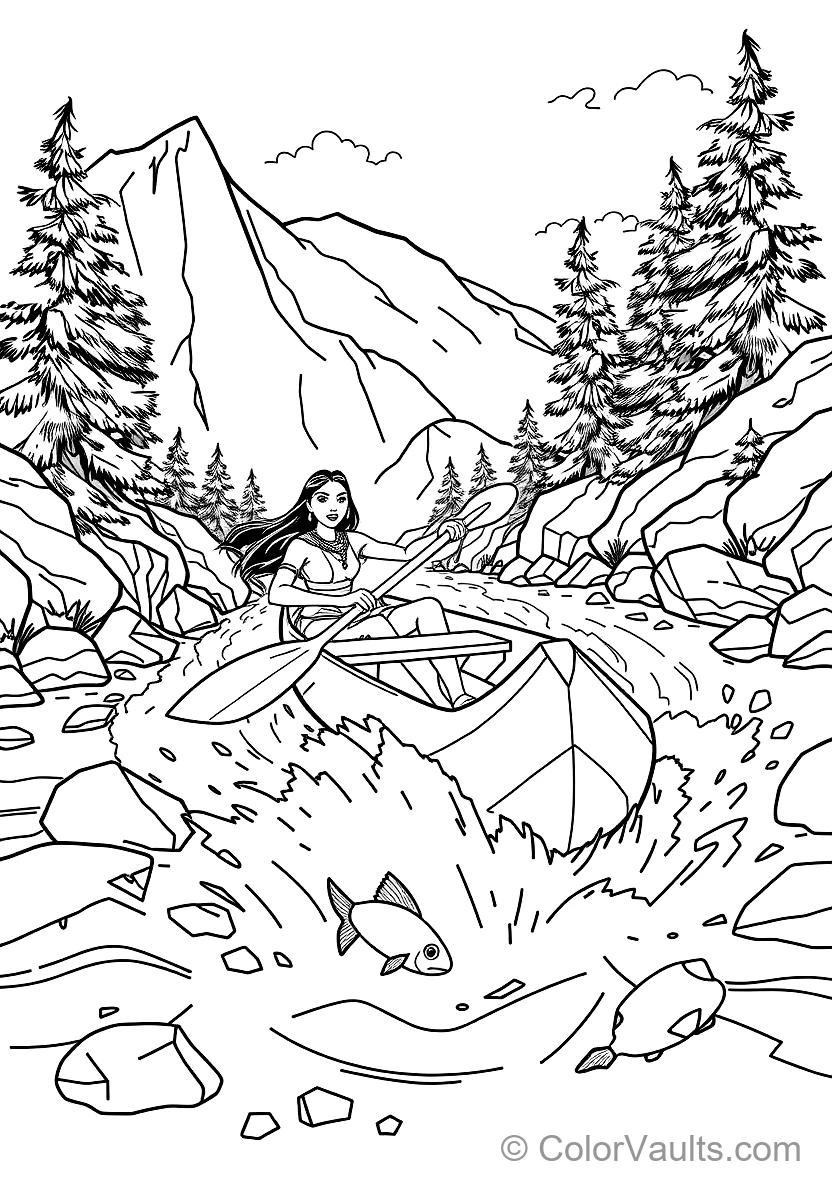 Pocahontas Paddling a Wooden Dugout Canoe Down Rushing (Scene 13)