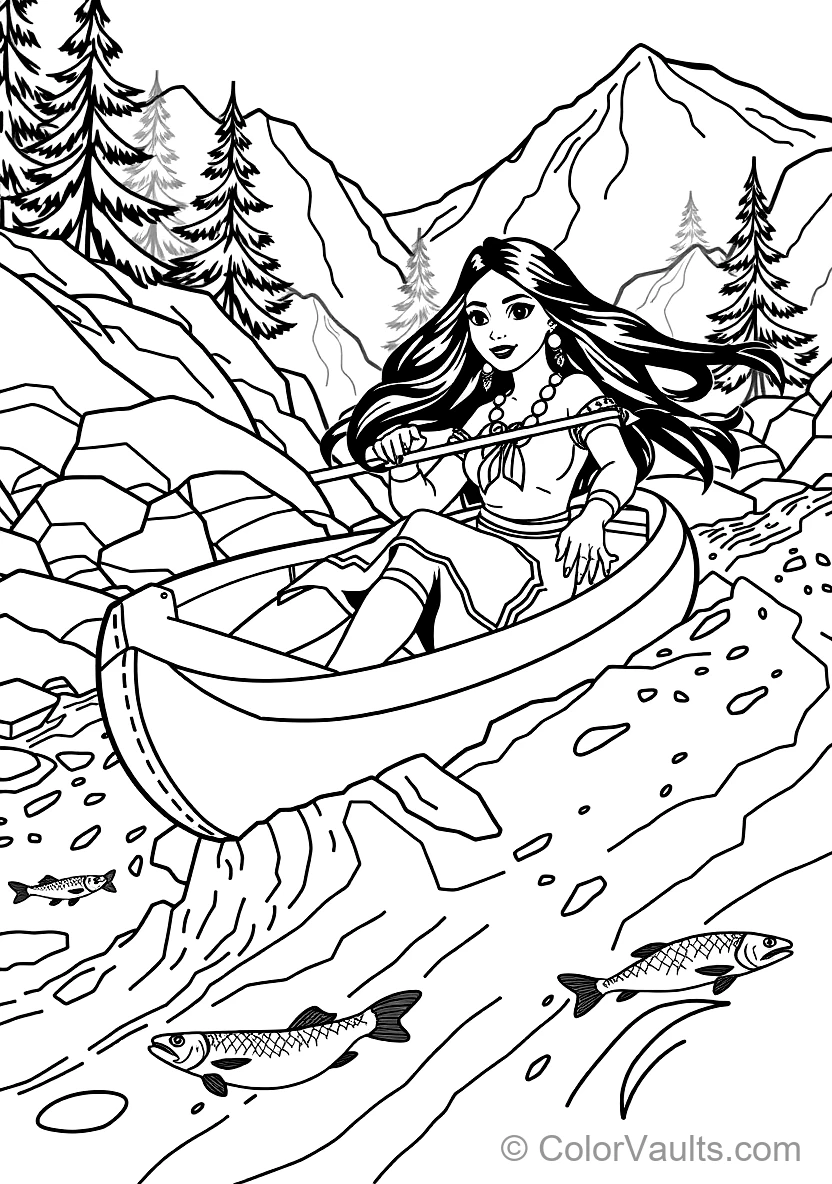Pocahontas Paddling a Wooden Dugout Canoe Down Rushing (Scene 15)