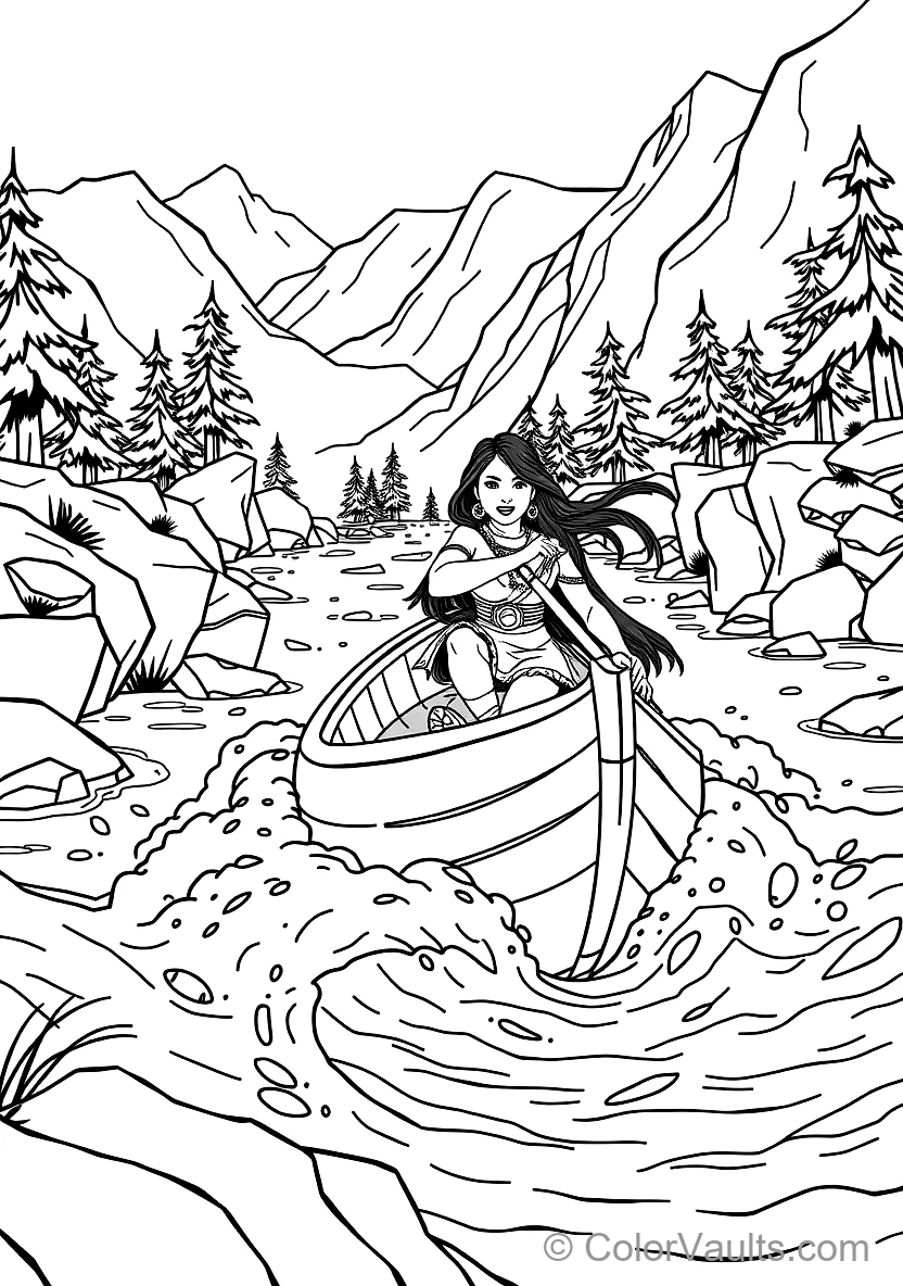 Pocahontas Paddling a Wooden Dugout Canoe Down Rushing (Scene 17)