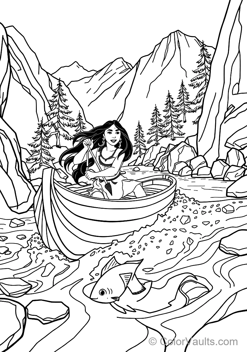 Pocahontas Paddling a Wooden Dugout Canoe Down Rushing (Scene 19)