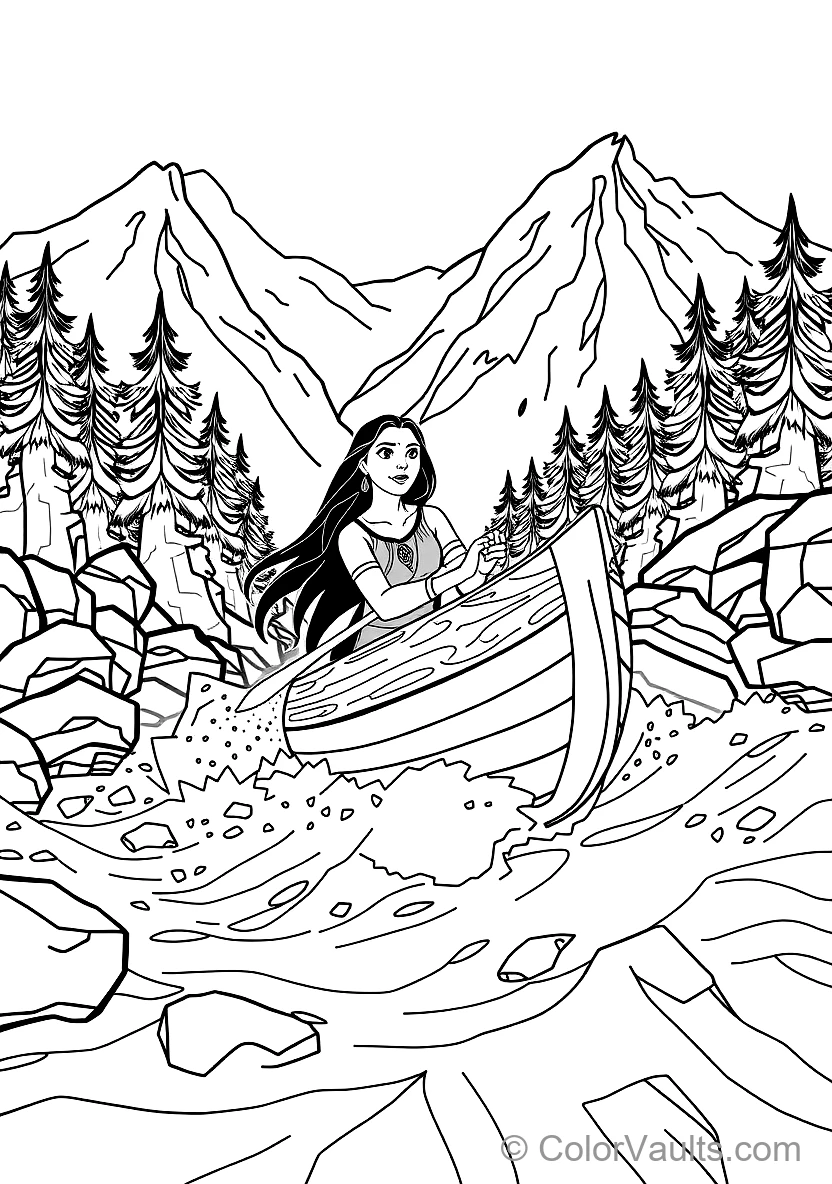 Pocahontas Paddling a Wooden Dugout Canoe Down Rushing (Scene 21)