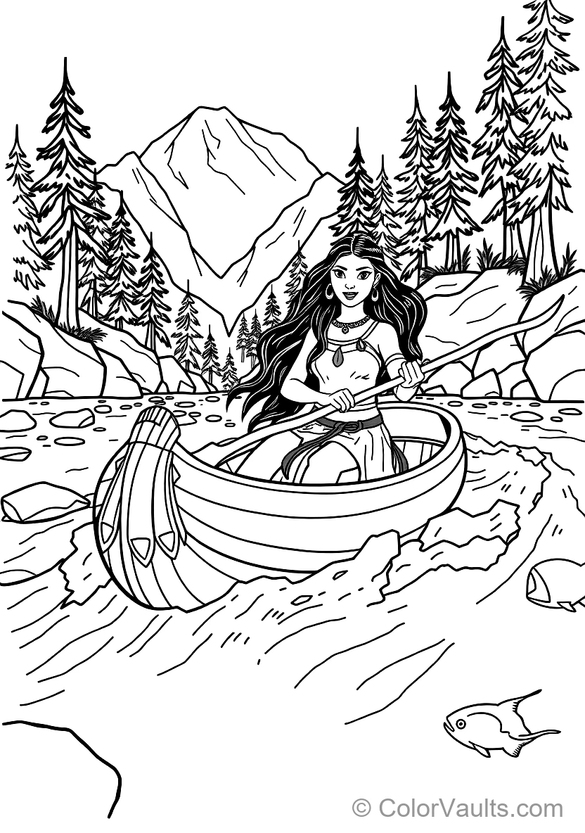 Pocahontas Paddling a Wooden Dugout Canoe Down Rushing (Scene 23)