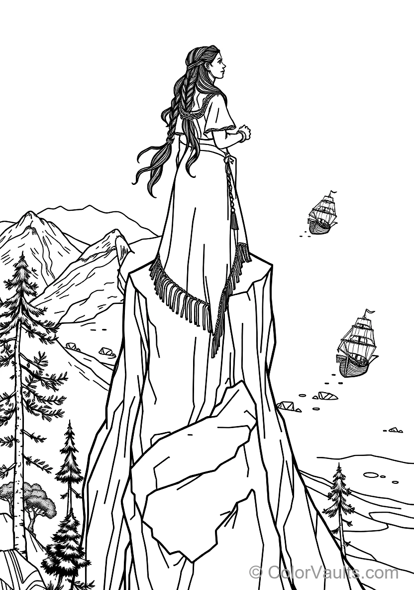 Pocahontas Standing Atop a Towering River Cliff Gazing