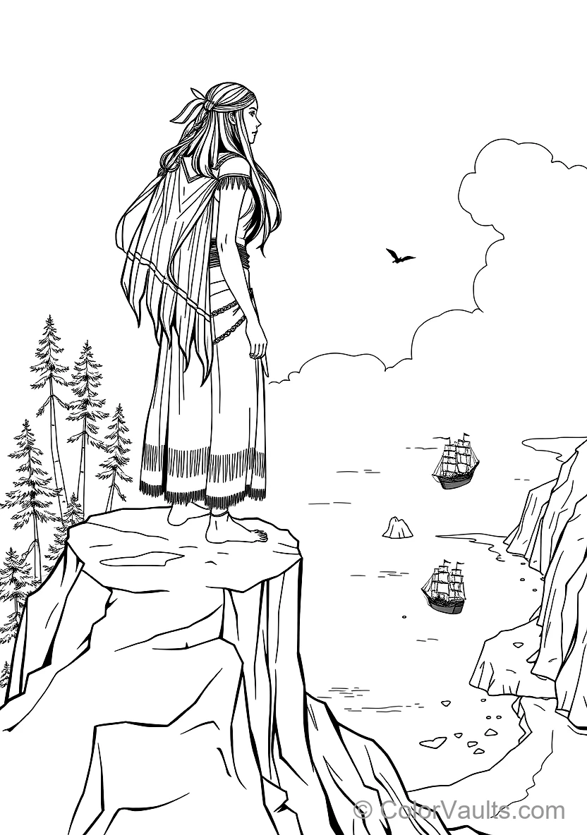 Pocahontas Standing Atop a Towering River Cliff Gazing (Scene 3)