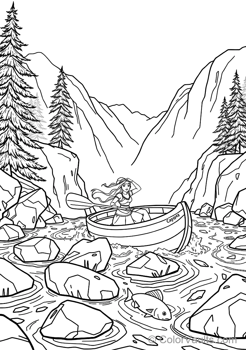 Pocahontas Paddling a Wooden Dugout Canoe Down Rushing (Scene 25)