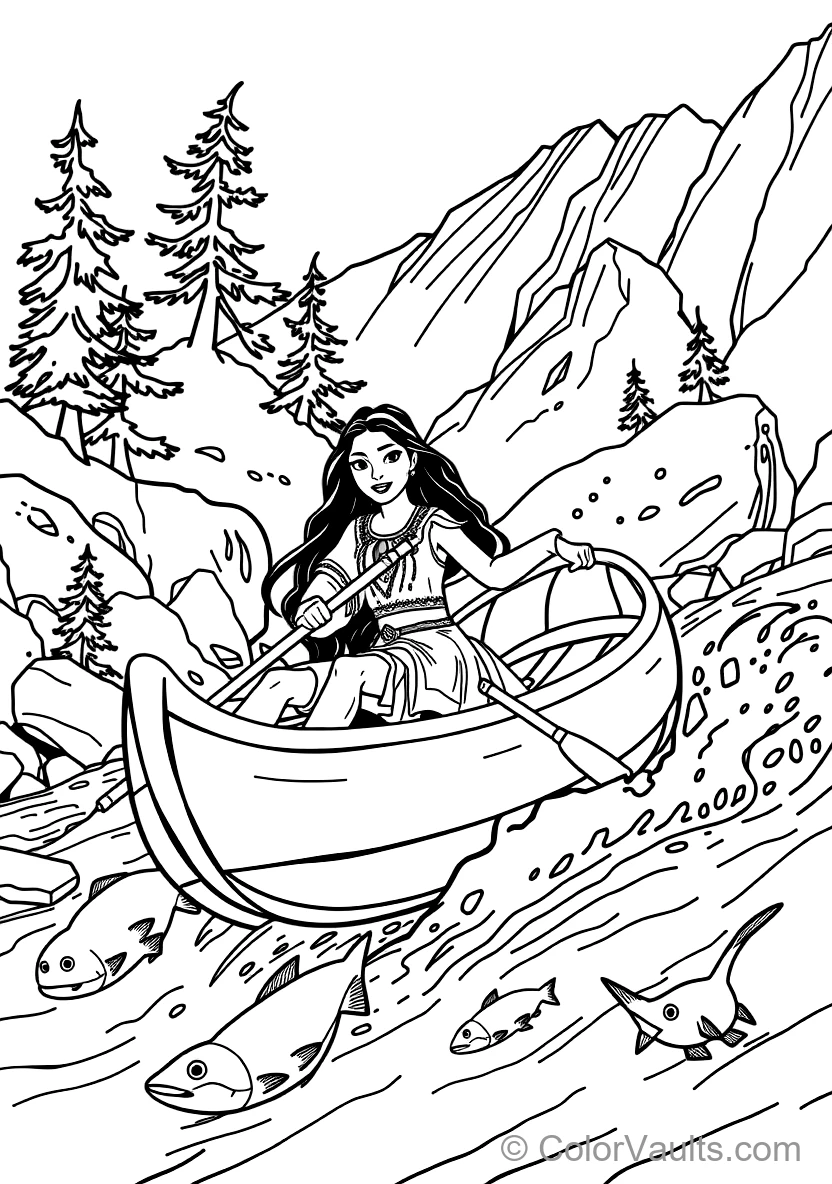 Pocahontas Paddling a Wooden Dugout Canoe Down Rushing (Scene 27)