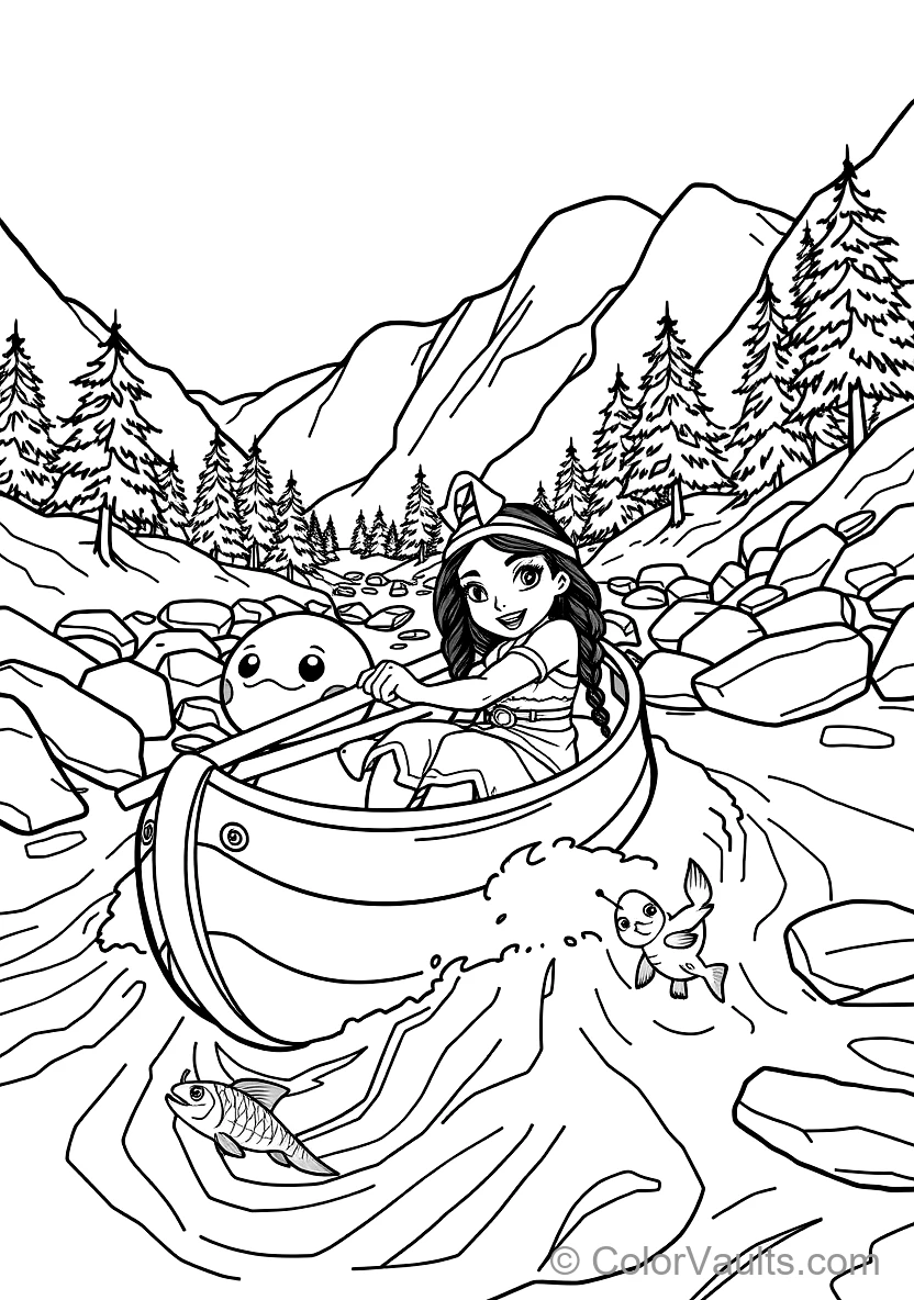 Pocahontas Paddling a Wooden Dugout Canoe Down Rushing (Scene 29)