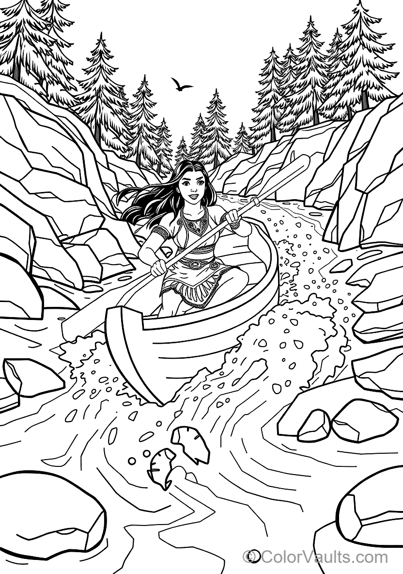 Pocahontas Paddling a Wooden Dugout Canoe Down Rushing (Scene 31)