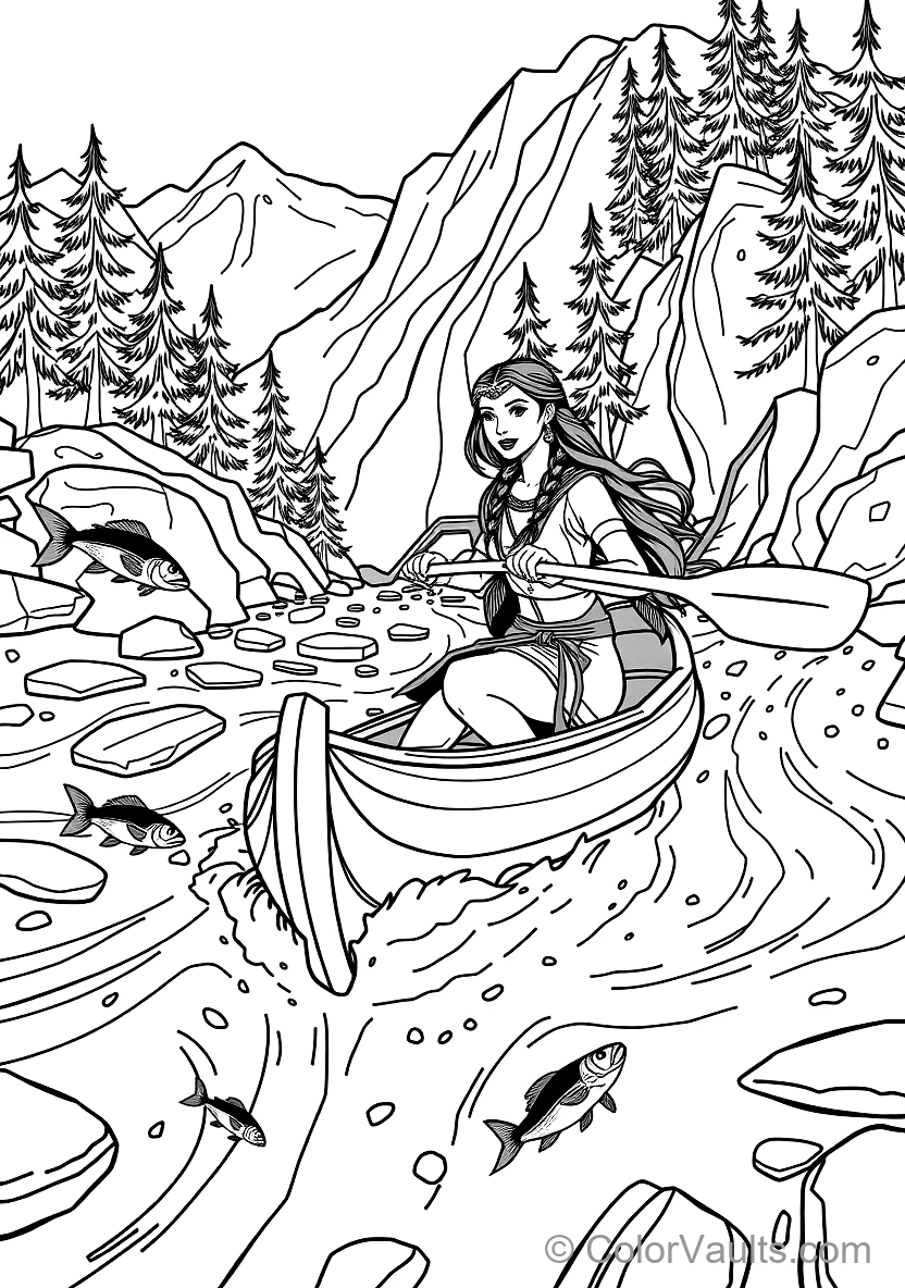 Pocahontas Paddling a Wooden Dugout Canoe Down Rushing (Scene 33)