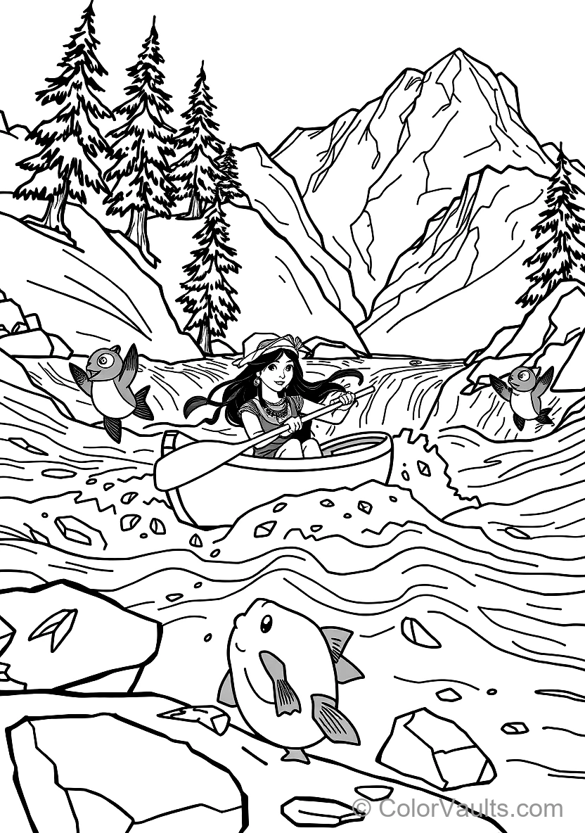Pocahontas Paddling a Wooden Dugout Canoe Down Rushing (Scene 35)