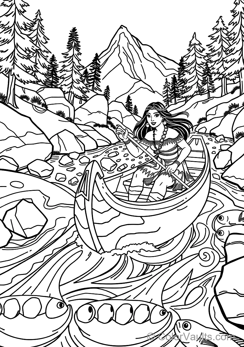 Pocahontas Paddling a Wooden Dugout Canoe Down Rushing (Scene 39)