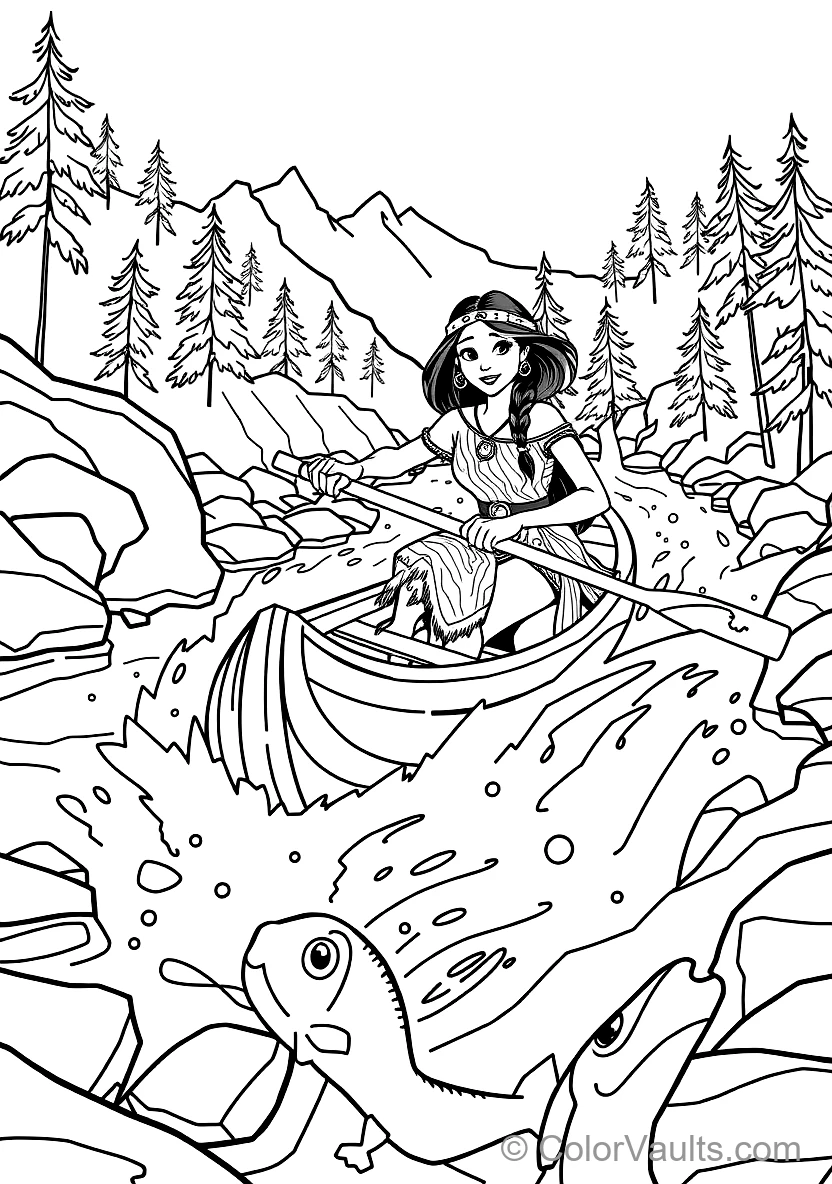 Pocahontas Paddling a Wooden Dugout Canoe Down Rushing (Scene 41)