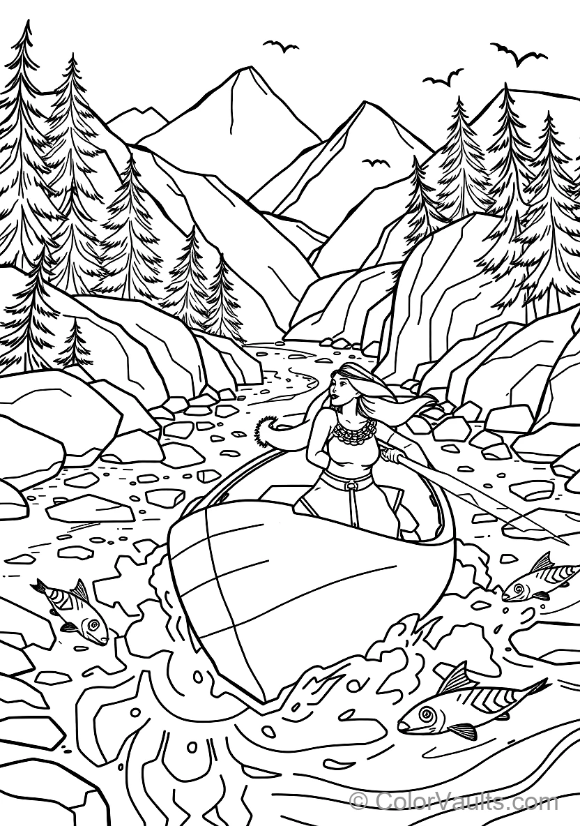 Pocahontas Paddling a Wooden Dugout Canoe Down Rushing (Scene 43)