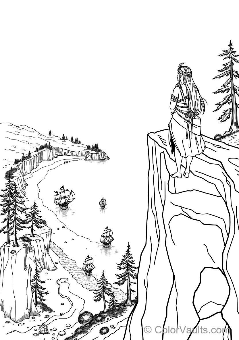 Pocahontas Standing Atop a Towering River Cliff Gazing (Scene 5)
