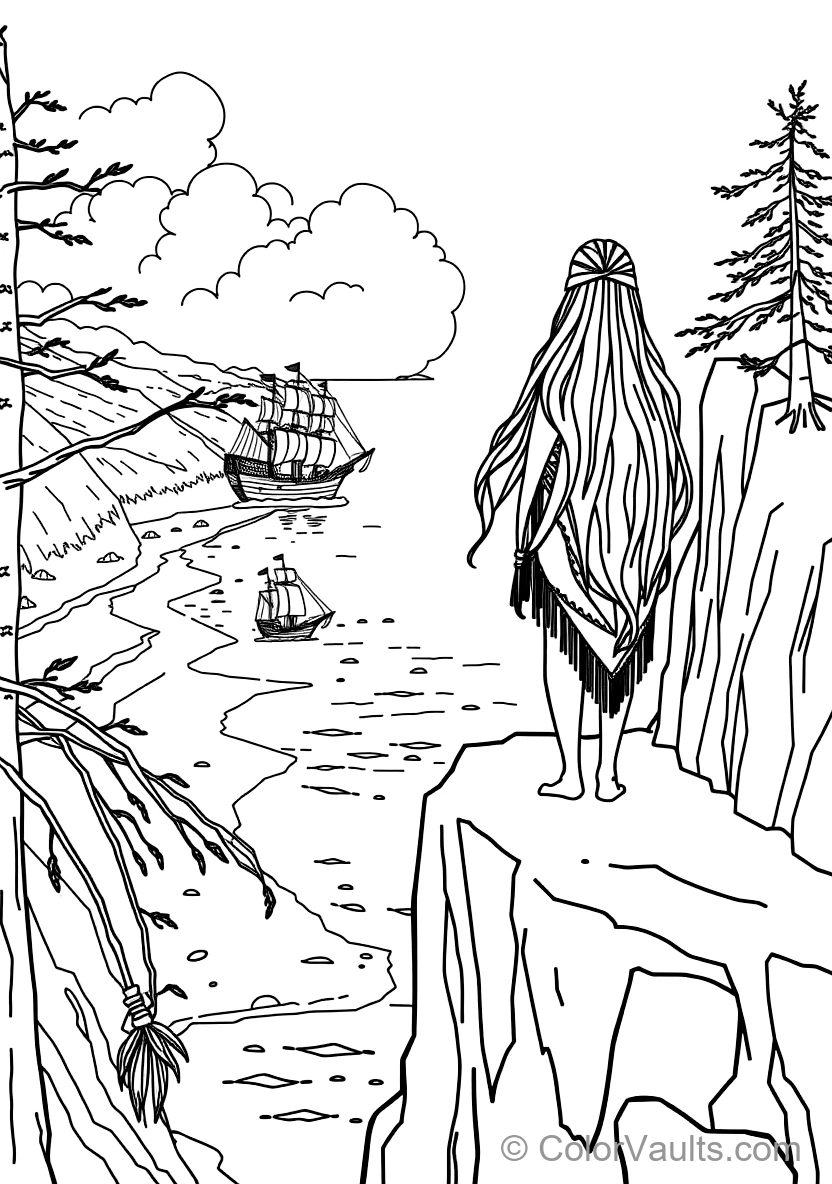 Pocahontas Standing Atop a Towering River Cliff Gazing (Scene 7)