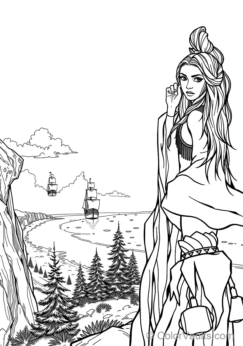 Pocahontas Standing Atop a Towering River Cliff Gazing (Scene 9)