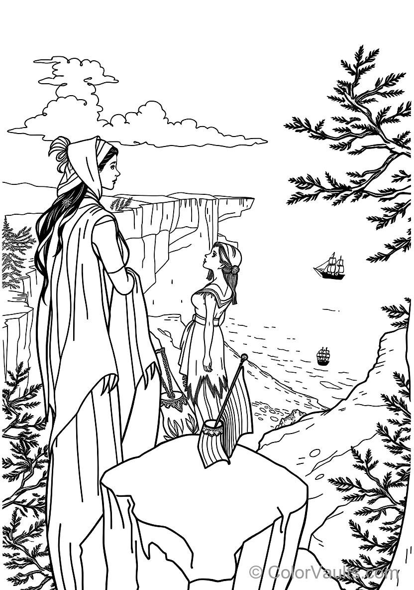 Pocahontas Standing Atop a Towering River Cliff Gazing (Scene 11)