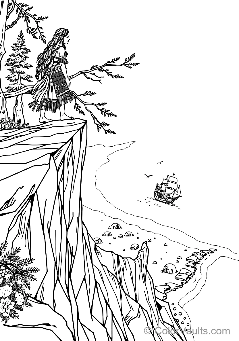 Pocahontas Standing Atop a Towering River Cliff Gazing (Scene 13)