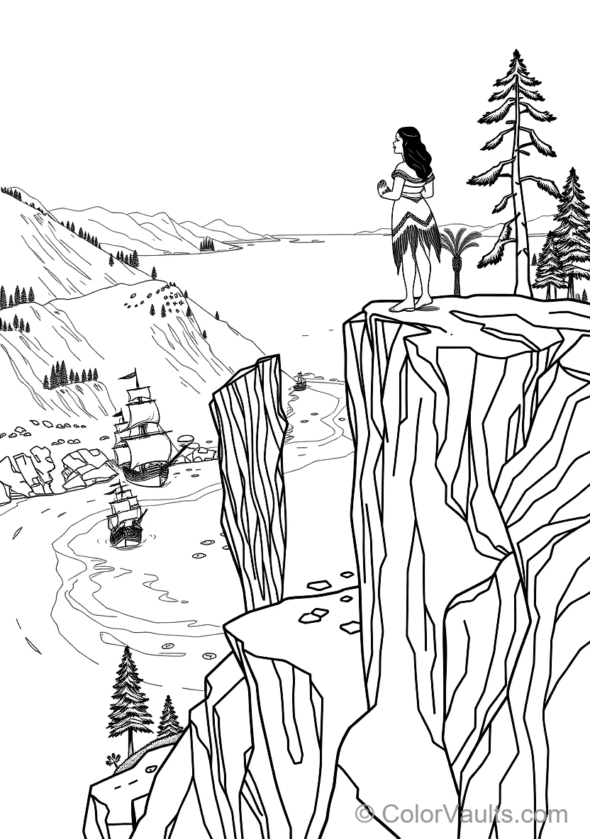 Pocahontas Standing Atop a Towering River Cliff Gazing (Scene 15)