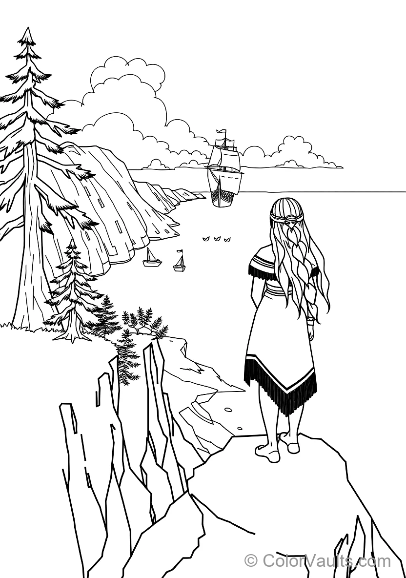 Pocahontas Standing Atop a Towering River Cliff Gazing (Scene 20)