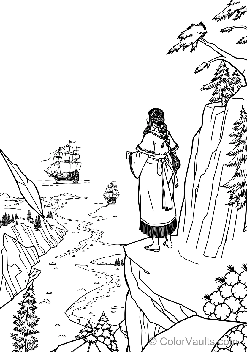 Pocahontas Standing Atop a Towering River Cliff Gazing (Scene 22)