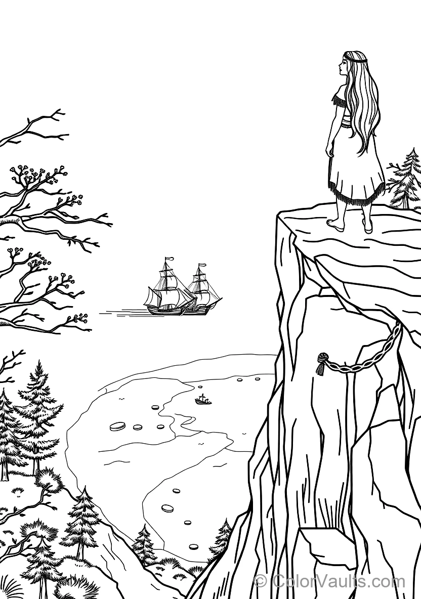 Pocahontas Standing Atop a Towering River Cliff Gazing (Scene 24)