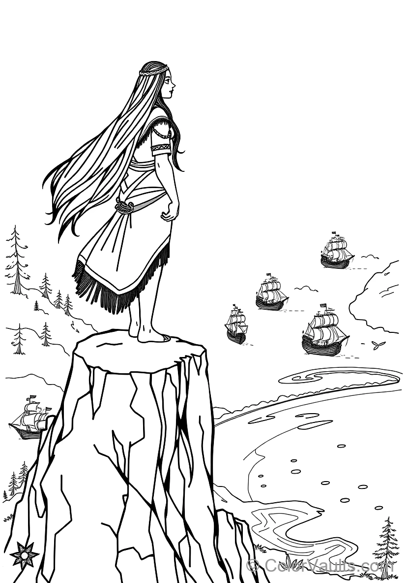Pocahontas Standing Atop a Towering River Cliff Gazing (Scene 26)