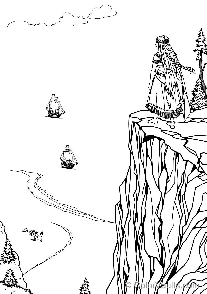 Pocahontas Standing Atop a Towering River Cliff Gazing (Scene 30)