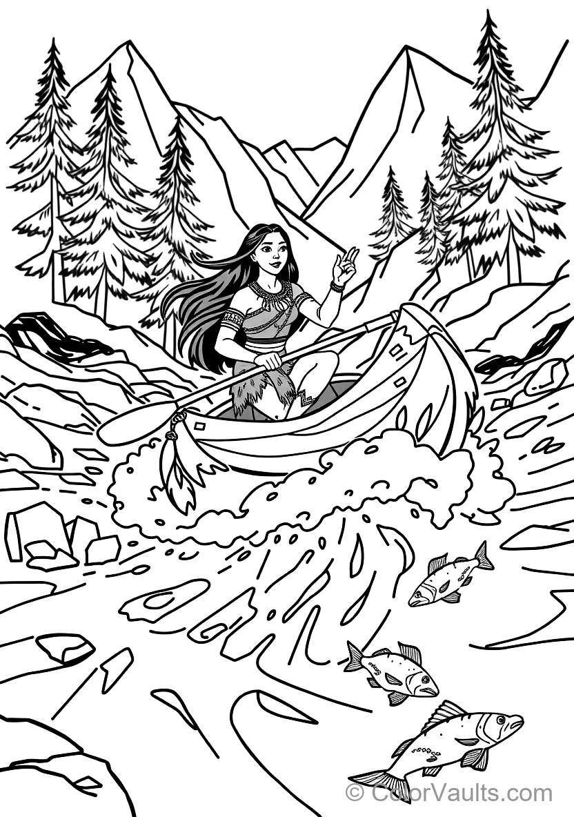 Pocahontas Paddling a Wooden Dugout Canoe Down Rushing (Scene 45)