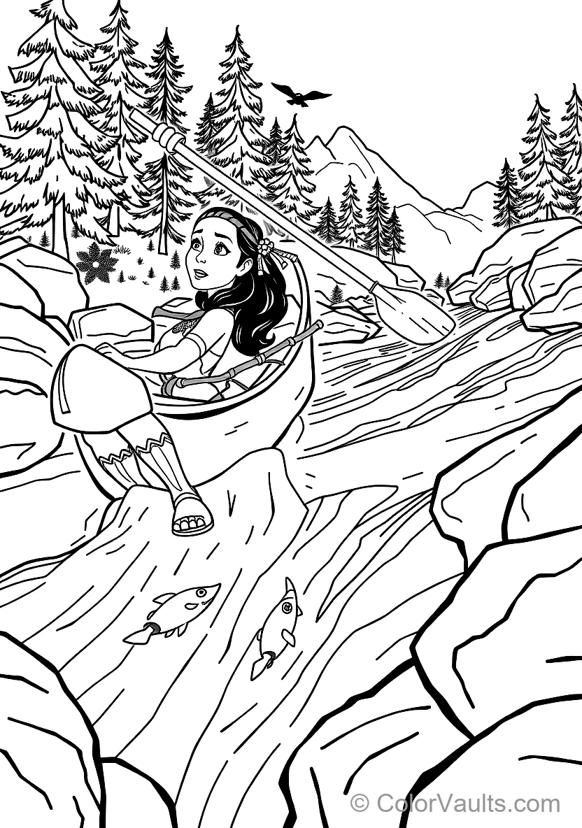 Pocahontas Paddling a Wooden Dugout Canoe Down Rushing (Scene 49)