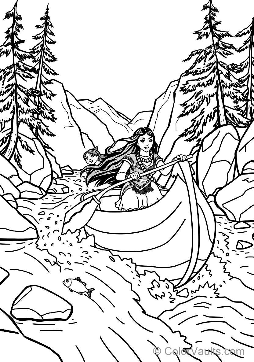 Pocahontas Paddling a Wooden Dugout Canoe Down Rushing (Scene 51)