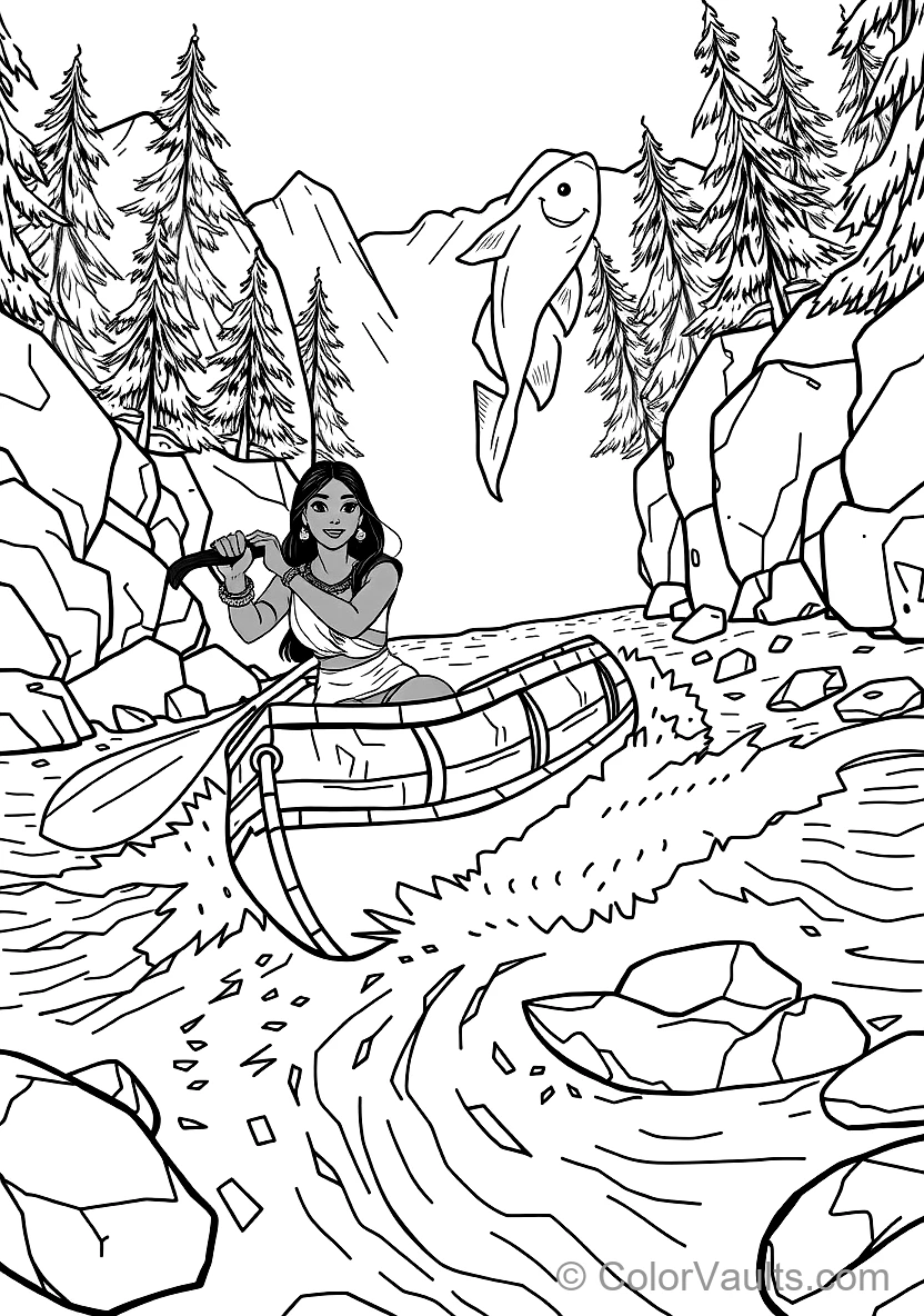 Pocahontas Paddling a Wooden Dugout Canoe Down Rushing (Scene 55)