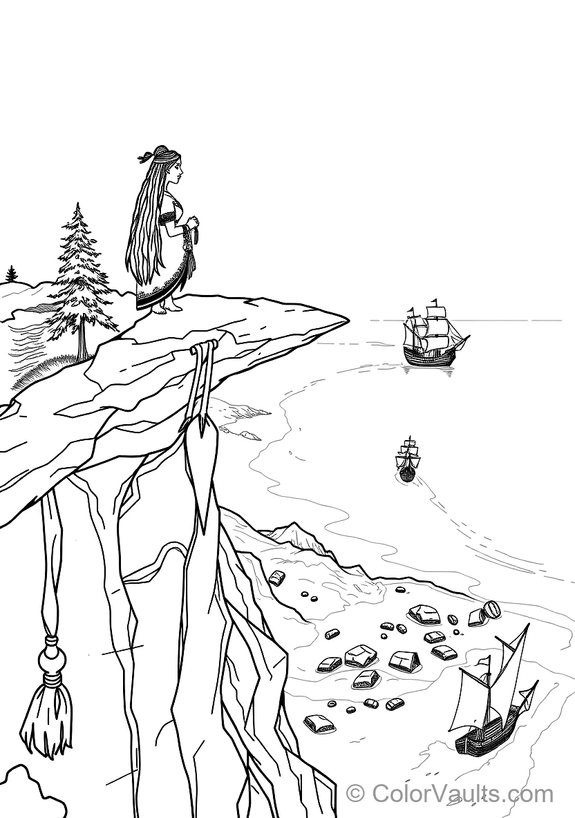 Pocahontas Standing Atop a Towering River Cliff Gazing (Scene 34)