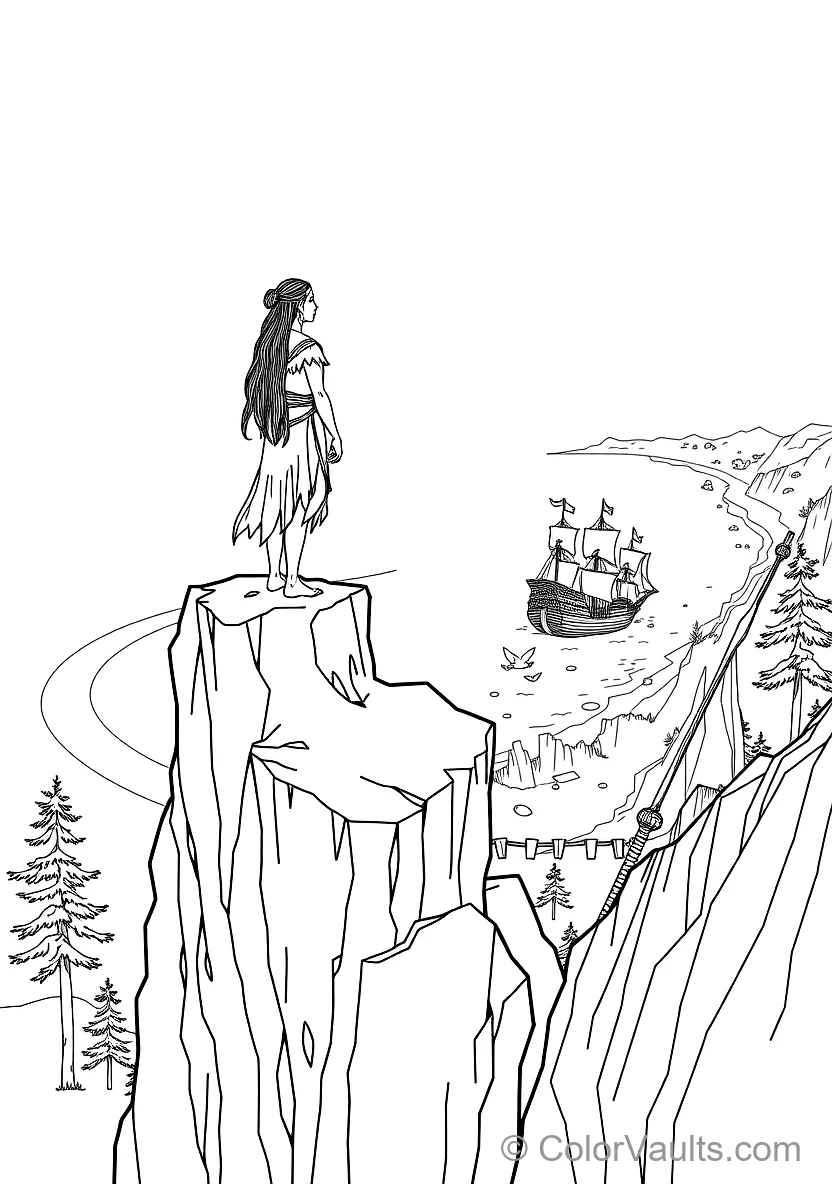 Pocahontas Standing Atop a Towering River Cliff Gazing (Scene 37)