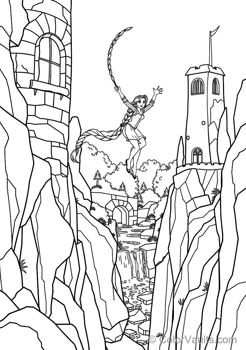 Rapunzel Swinging from Her Long Braided Hair from High