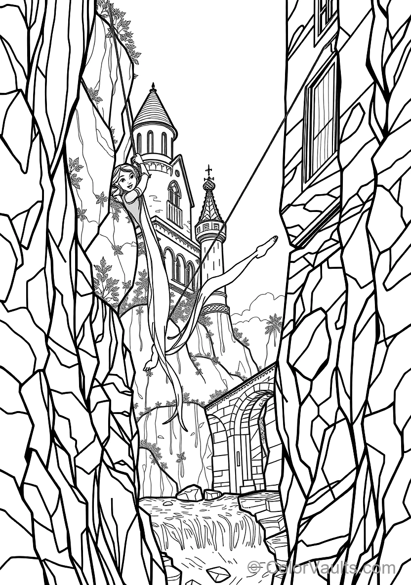 Rapunzel Swinging from Her Long Braided Hair from High (Scene 25)