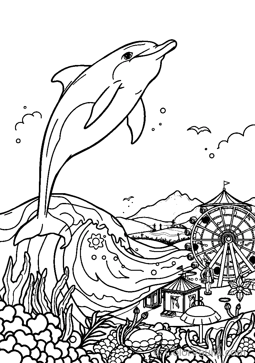 Dolphin Jumping Out Of Water With Amusement Park