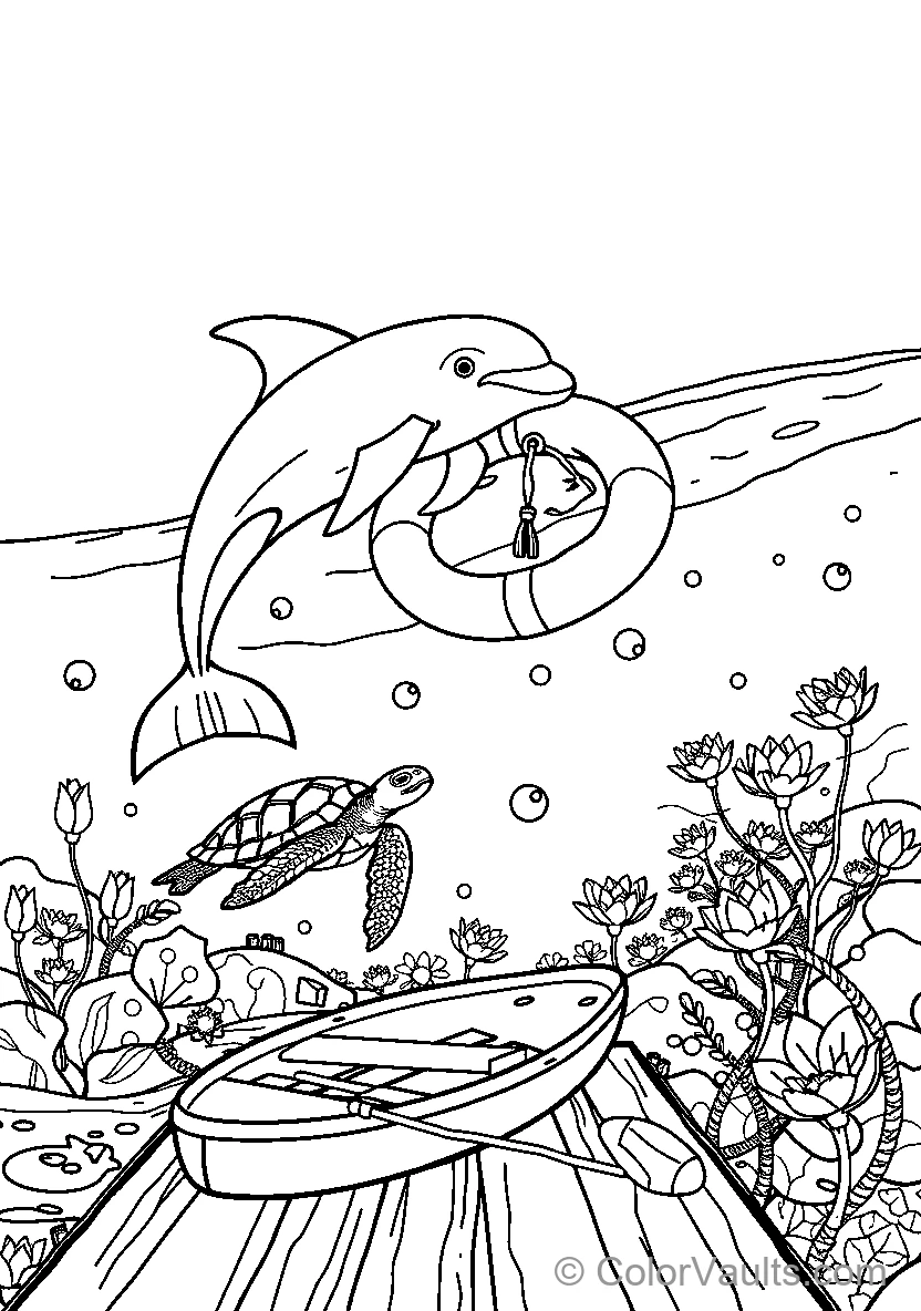 Dolphin Turtle And Sea Creatures By The Boat