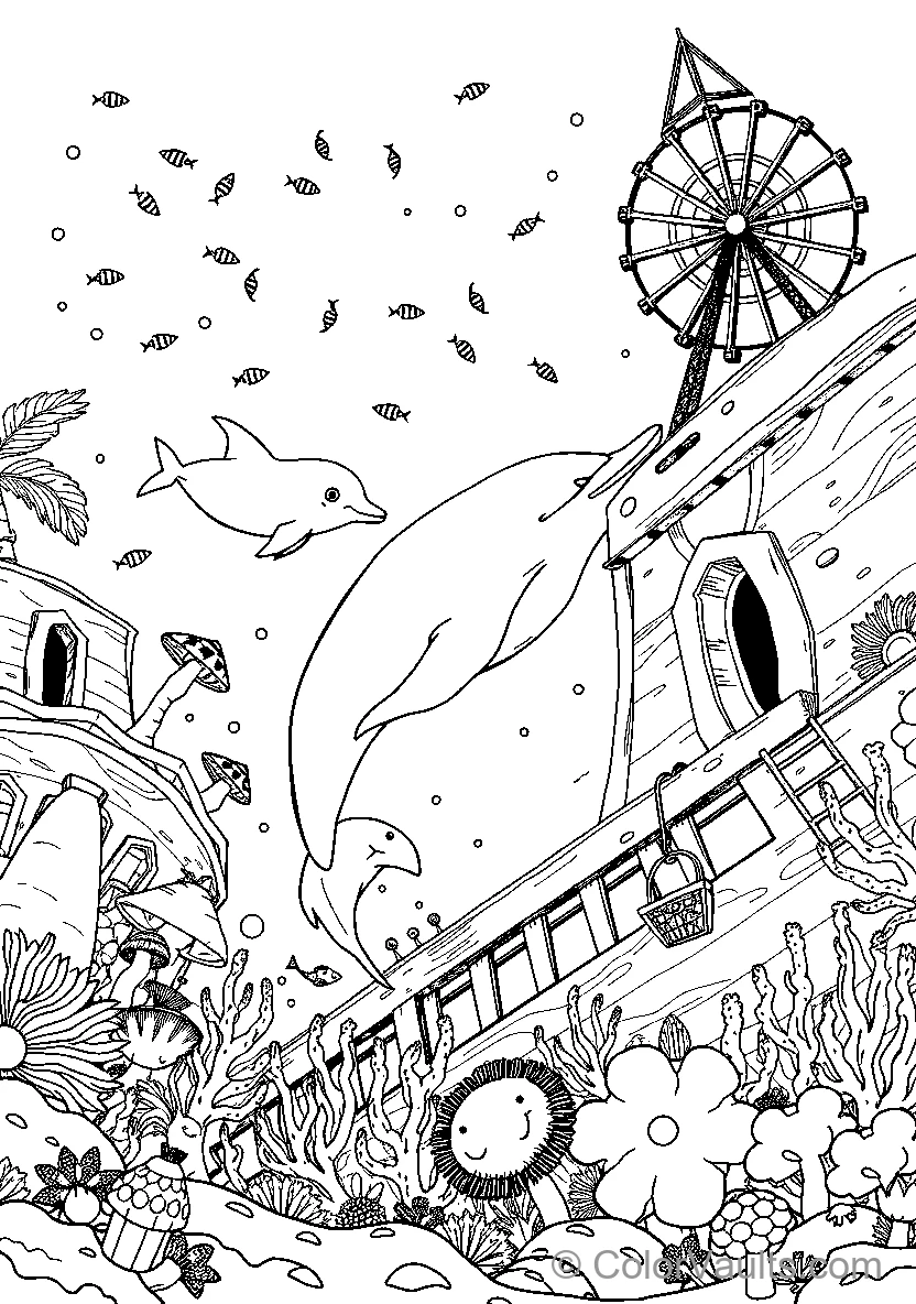 Dolphin With Submarine And Ferris Wheel