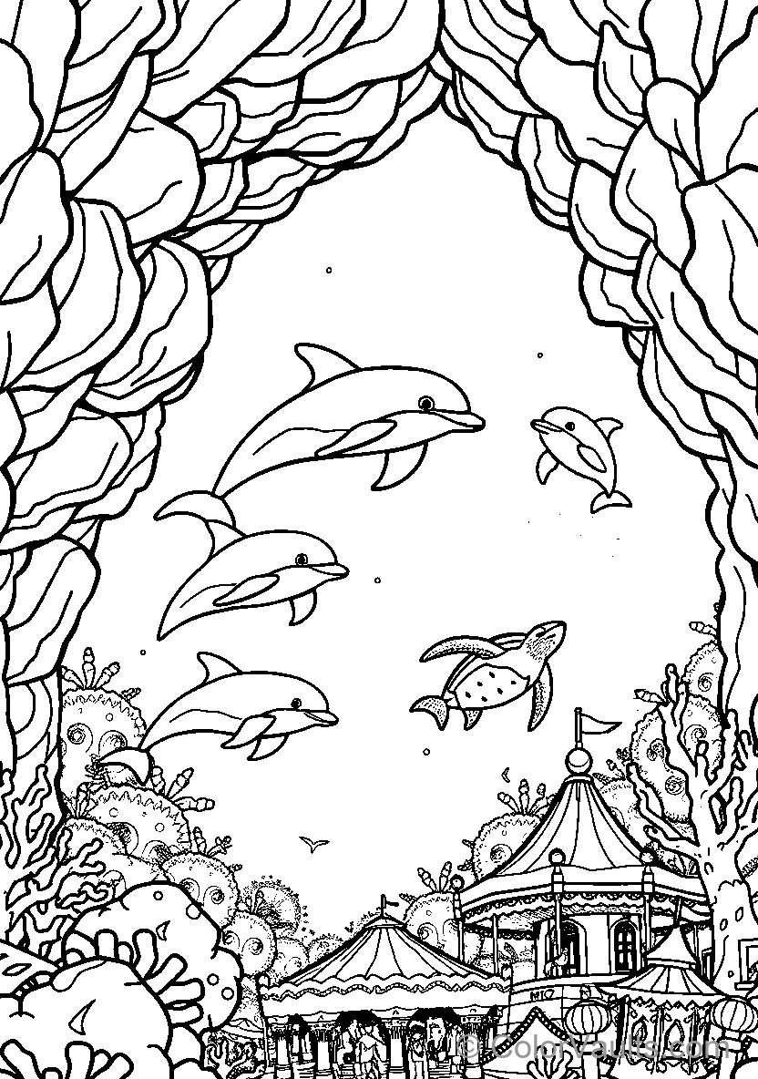 Dolphins In An Underwater World With A Carousel