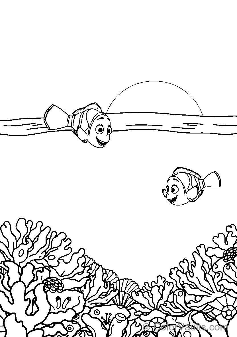 Two Fish Swim Above A Colorful Coral Reef - Kostenlose Malvorlage zum Ausdrucken | ColorVaults