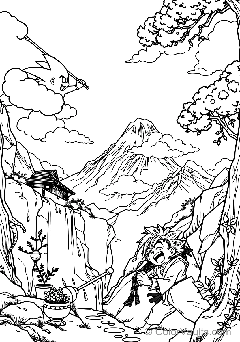 Kid Goku on Flying Nimbus Cloud with Power Pole