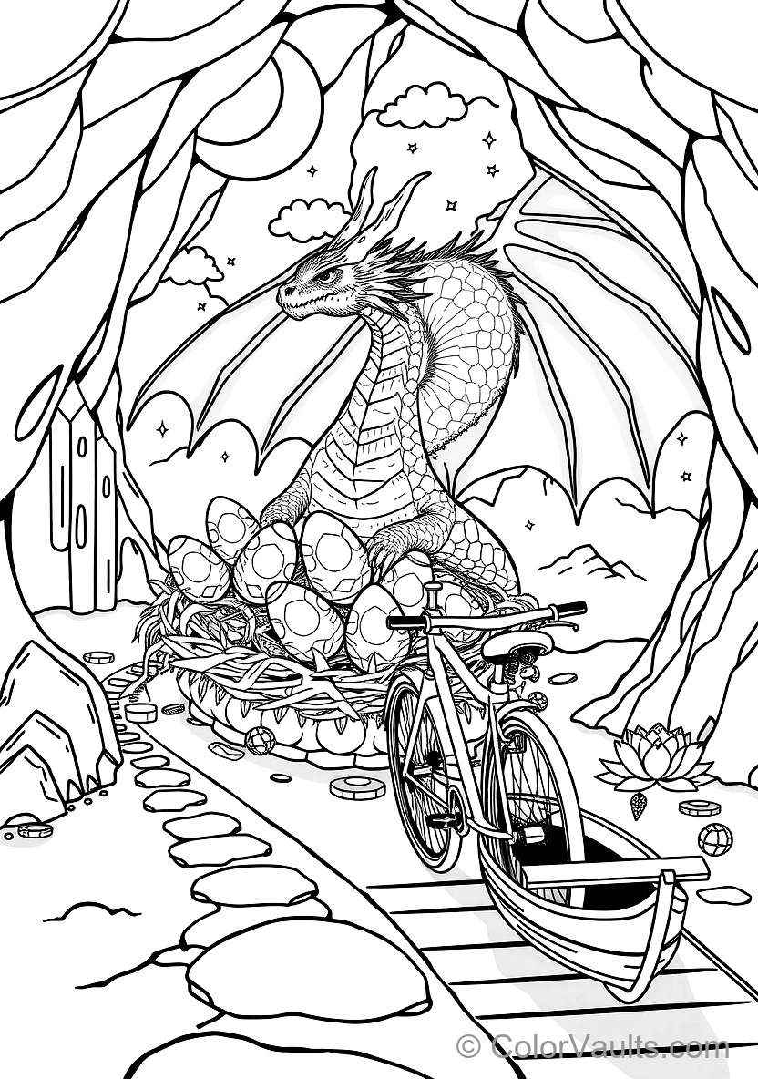 Mother Dragon Curling Wings Around a Nest of Glowing