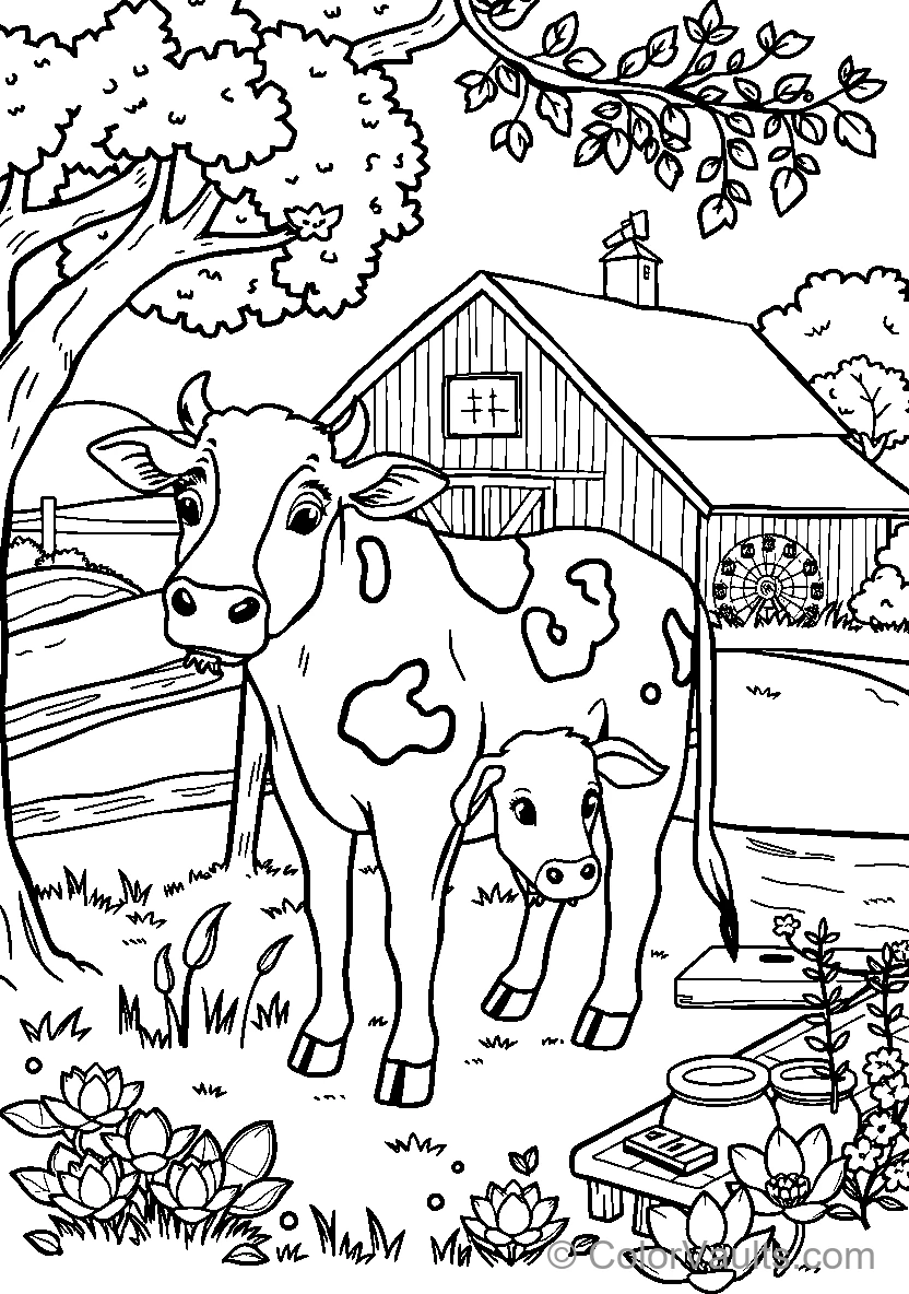 Cow And Calm In A Farmyard