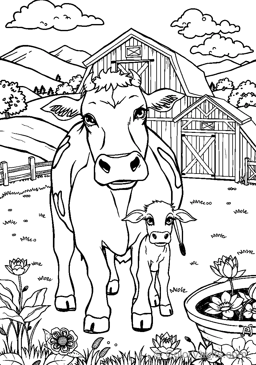 Cow And Calm Or Calf In Pasture